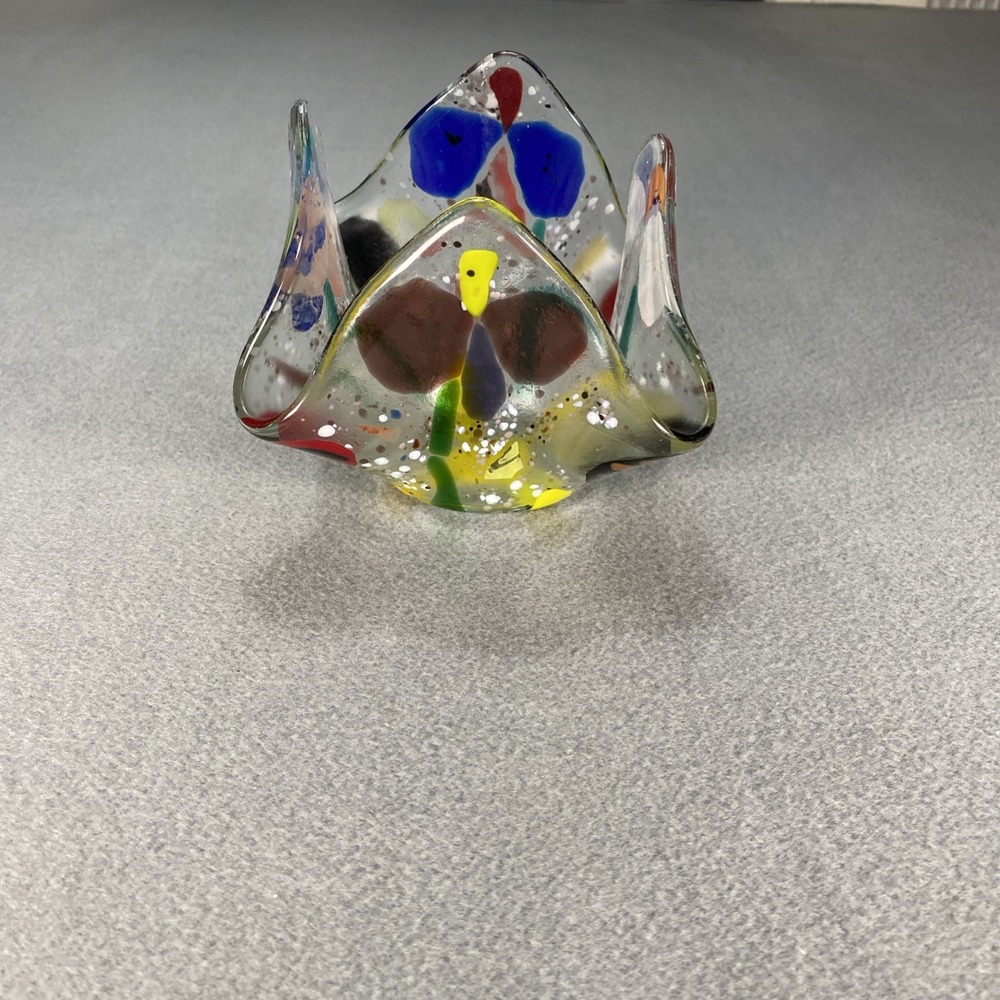 Fused Art Glass Handkerchief Bowl Candle Holder Decorative Art Multicolor